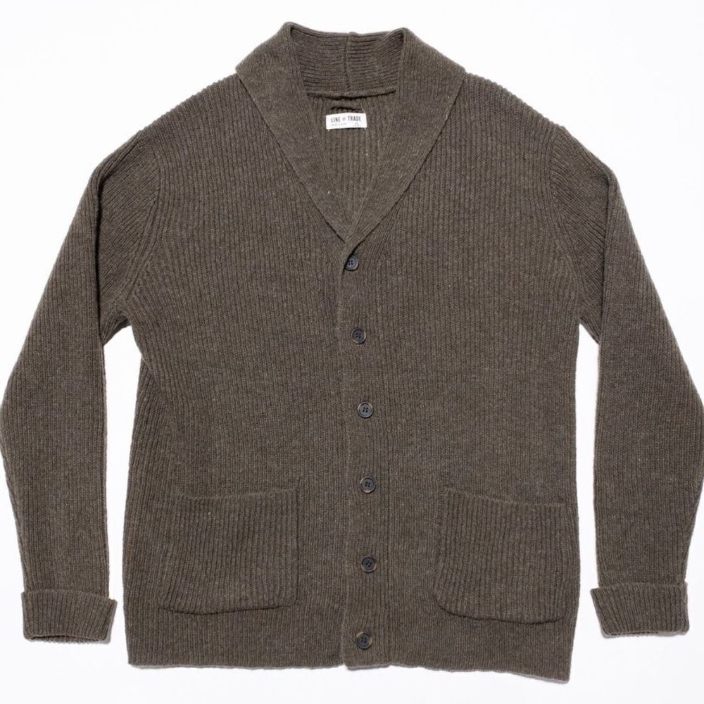 Line of Trade Cardigan Sweater Men's XL Shetland Wool Green/Brown Knit